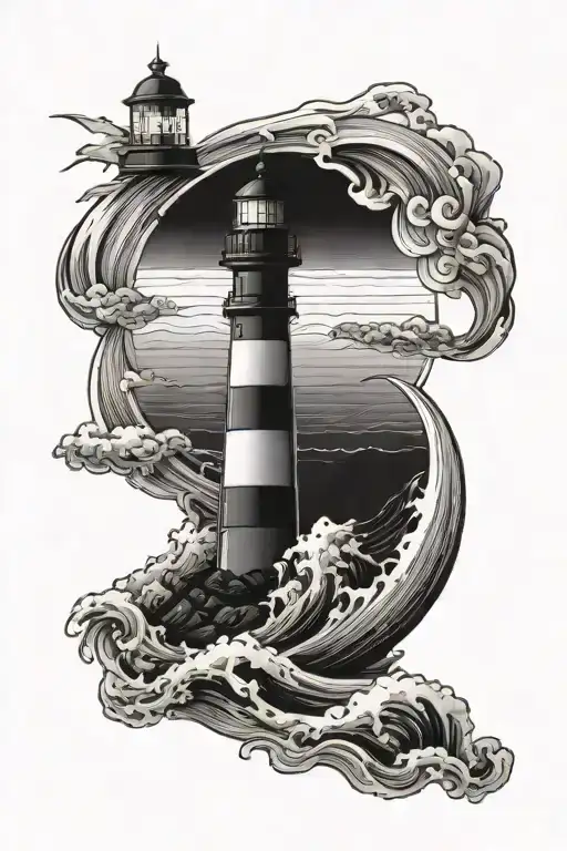 lighthouse with waves crashing and a banner  tattoo design idea