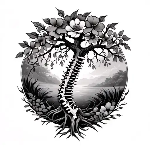 spine tattoo with willow tree and flowers tattoo design idea