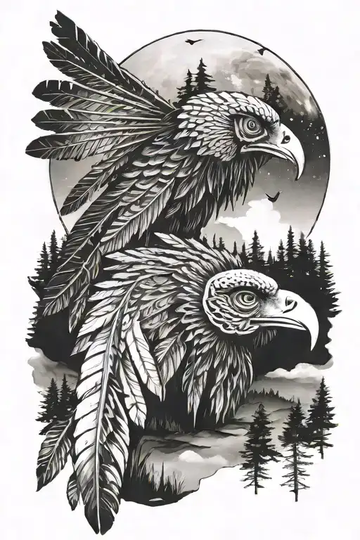 turkey feather, native american arrows, hilly forest, night time moon tattoo design idea