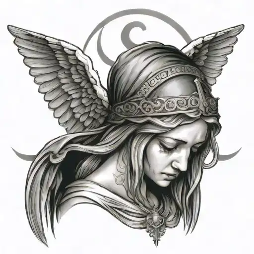 Tattoo in the Orthodox style. Angel bowed her head, mantle on her head. The background is painted like the walls of a church tattoo design idea