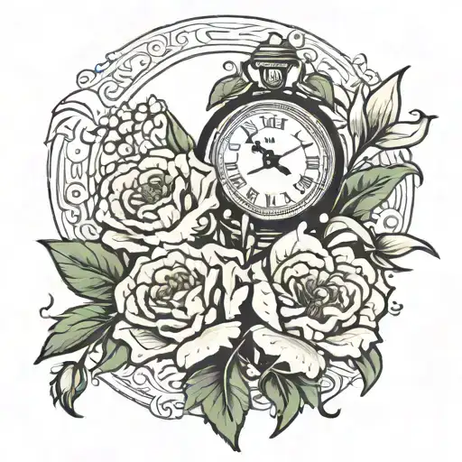 carnation and snowdrop flowers with clock that reads 6:12  tattoo design idea