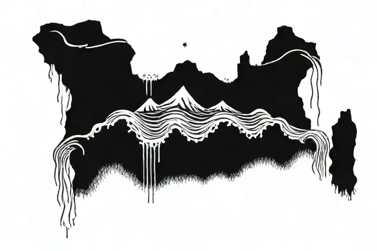 A cliff face with water splashing waves. on top of the cliff is the gates of heaven. the stars of david are out. tattoo design idea