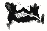 A cliff face with water splashing waves. on top of the cliff is the gates of heaven. the stars of david are out. tattoo design idea