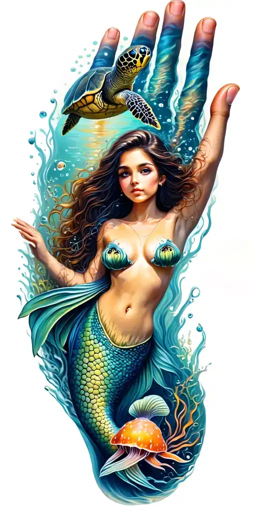 underwater ocean scape scene with turtle, jelly fish and mermaid tattoo design idea