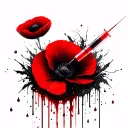 a red poppy and a syringe with blood. drops drip down from the needle of the syringe. realistic 4k tattoo design idea