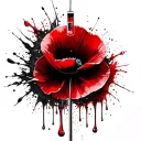 a red poppy and a syringe with blood. drops drip down from the needle of the syringe. realistic 4k tattoo design idea