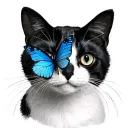 black and white cat with butterfly on his nose mixed with semicolon  tattoo design idea