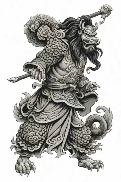 guan yu, foo dog, japanese air flow tattoo design idea