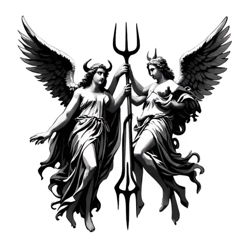 Two angels, one with horns, the other with a halo, and both have a pitchfork in the hands tattoo design idea