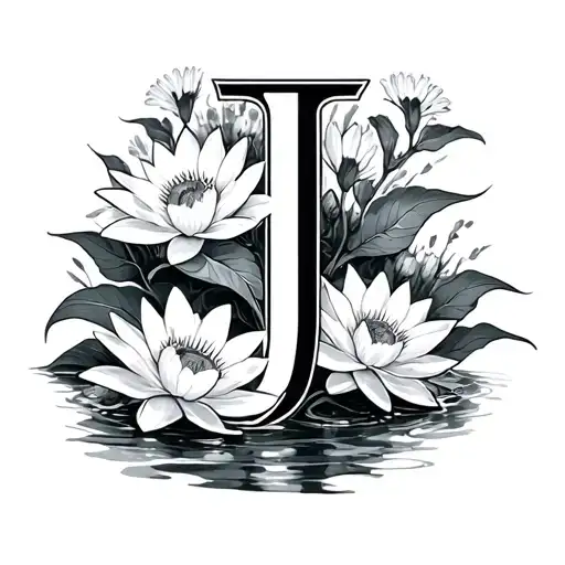 the letter J with water lilies and daisies surrounding it tattoo design idea