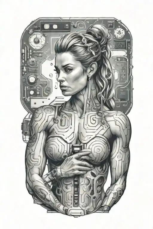 aesthetic bodybuilder muscular women with technology circuits vectors board merging tattoo design idea