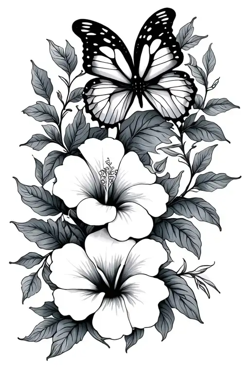 vertical dainty fine line butterfly over hibiscus flower vine tattoo design idea