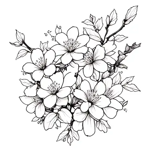 Creates a delicate floral composition with several flowers such as Japanese cherry blossoms. Use fine and clear lines tattoo design idea