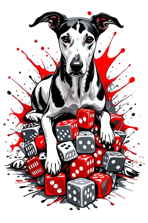 Greyhound lying on a pile of dice tattoo design idea