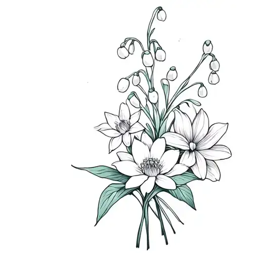 flower bouquet with lily of the valley, daffodil, Cosmos, and water lily  tattoo design idea
