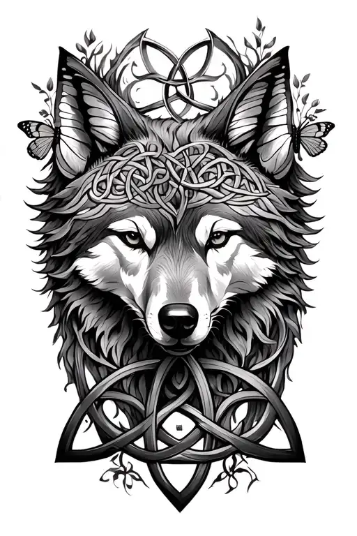 Tree of Life intertwined with a celtic wolf, a celtic butterfly, and a celtic triquetra tattoo design idea