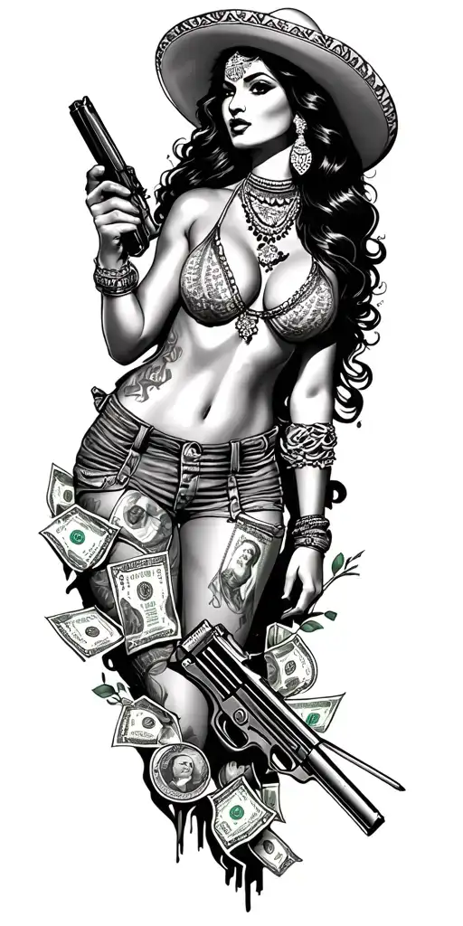 mexican, guns, money, woman tattoo design idea