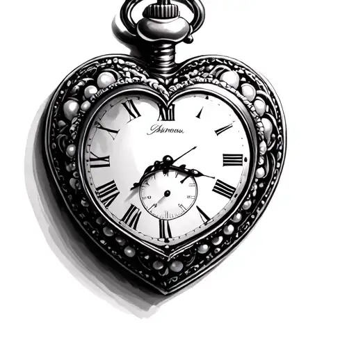 White pearl-edged heart-shaped pocket watch without hour, minute, or second hands tattoo design idea