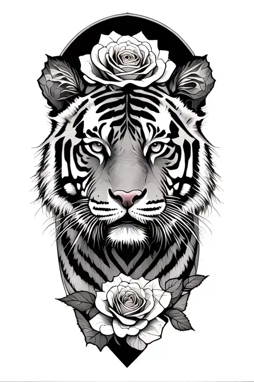 multiple roses surrounding a tiger emerging tattoo design idea