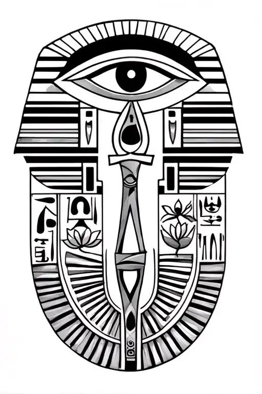 Egyptian sleeve filler, hieroglyph bands, Eye of Horus, scarab, ankh, lotus, fine line tattoo design idea