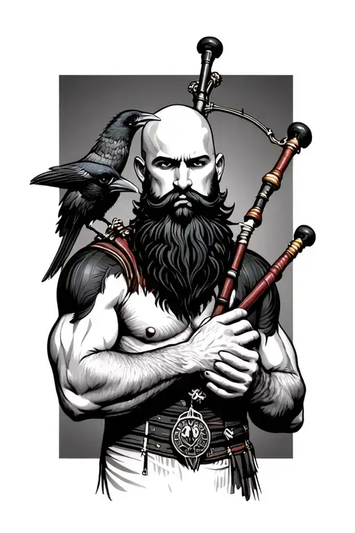 bald bagpiper with black beard with crow featherd muscular body with a mans head and hands  tattoo design idea
