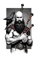 bald bagpiper with black beard with crow featherd muscular body with a mans head and hands  tattoo design idea