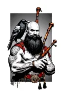 bald bagpiper with black beard with crow featherd muscular body with a mans head and hands  tattoo design idea