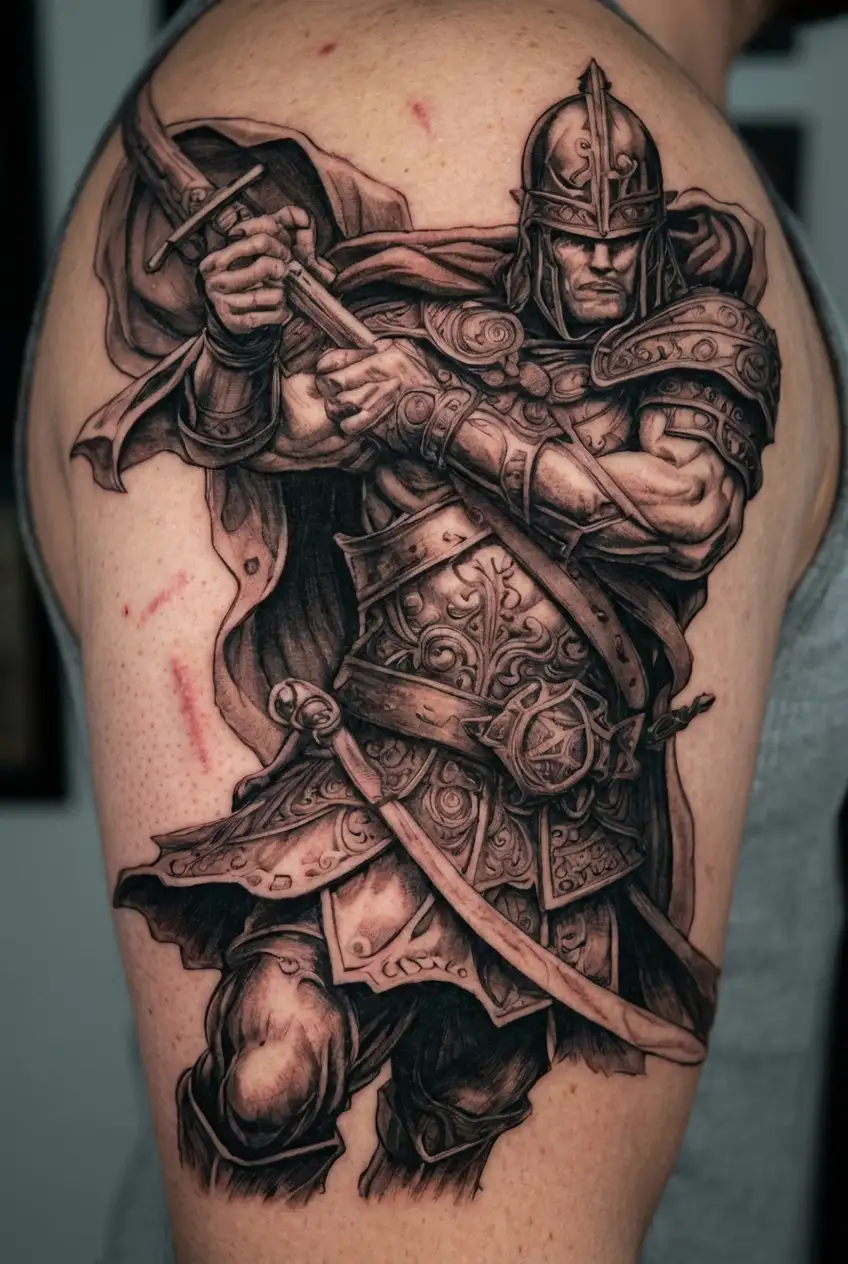 A fierce Russian warrior wielding a sword with a Christian cross on the hilt tattoo design idea