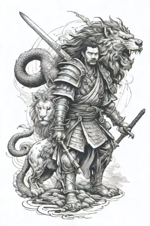 samurai with a lion, watch a dragon tattoo design idea