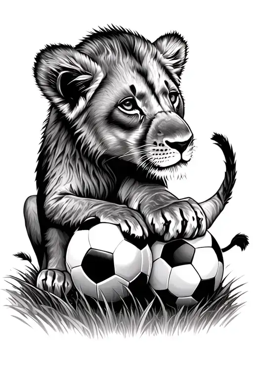 2 lion cubs playing with a soccer ball on grass in profile tattoo design idea