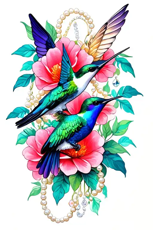 hummingbirds and flowers with strands of pearls and jewels tattoo design idea