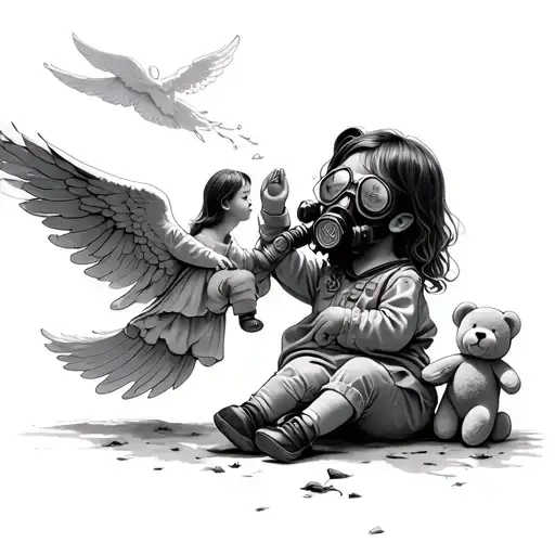 a little girl with a gas mask holding a teddy bear on the ground while reaching up to an angel in the sky with a gas mas tattoo design idea