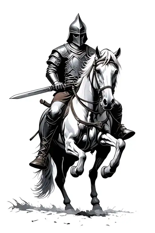 gothic knight holding a sword on horseback realistic tattoo design idea