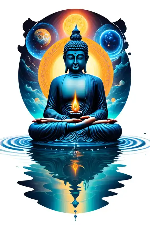 Tattoo in 3 parts integrated. Buddha meditating with universe in the centre. A reflection of the buddha. Infinity Water. tattoo design idea