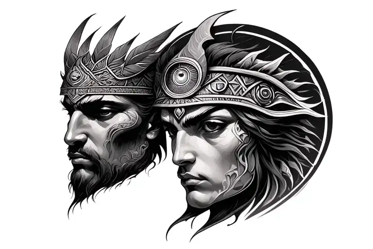 enki and enlil with all seeing eye in between them  tattoo design idea