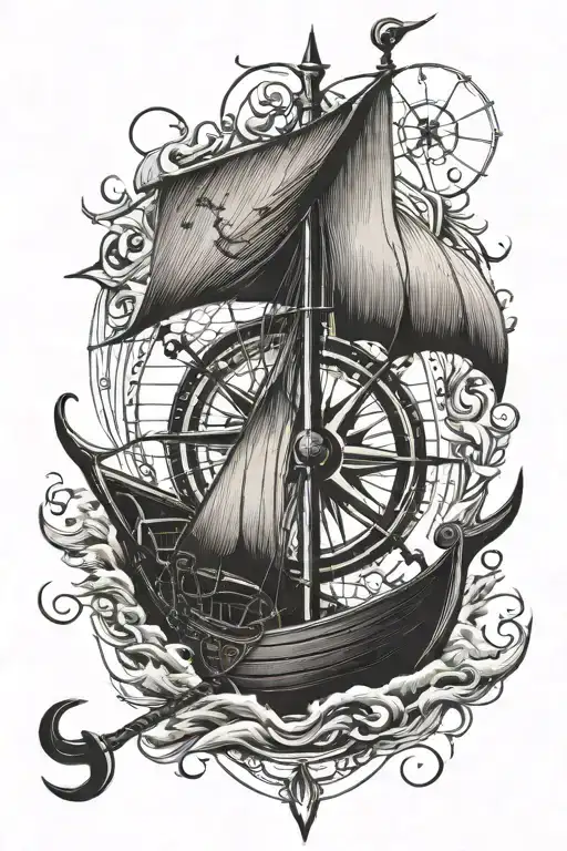Anchor hooking, Viking longship sailing, compass rose tattoo design idea