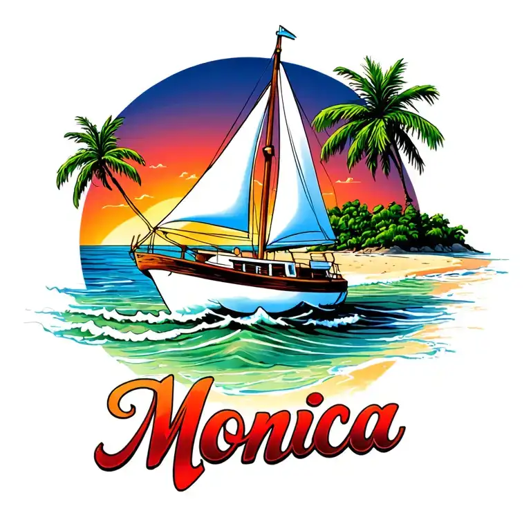 "Monica" "Monica" "Monica" "Monica" white sailboat, sunset sky, distant island with palms, ocean waves, beach, bubble letters at bottom tattoo design idea