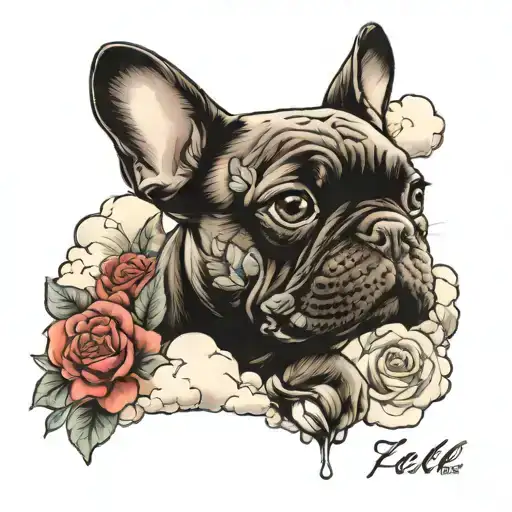 french bulldog w flowers and heaven clouds with a quote " you were my favorite hello and my hardest good-bye" tattoo design idea