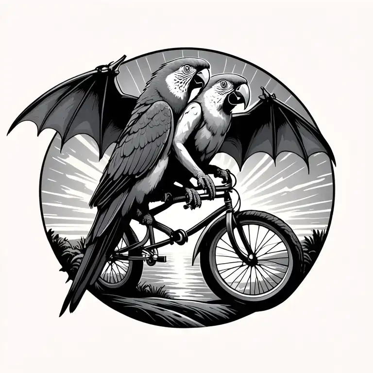 a bat and a macaw riding together on a unicycle into the sunset tattoo design idea
