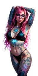 Sexy girl, petite, big boobs, wide hips, bikini . pink hair,sexual. Seductive. Full Body including arms. glasses tattoo design idea