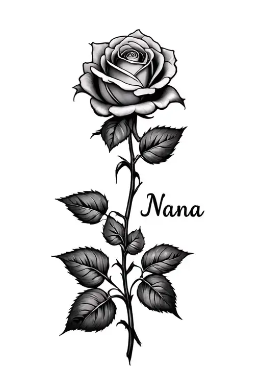"Pooja" "Nana" "Nana" rose with a name through it on the middle finger tattoo tattoo design idea