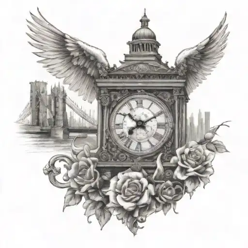 Big Ben clock and Brooklyn bridge and skeleton key and baby angel tattoo design idea