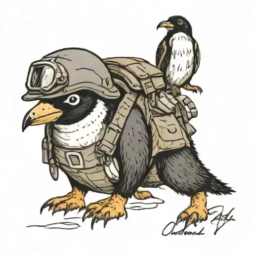 Cute penguin with u.s Vietnam war solider helmet, dog tags around neck no writing in dog tags, dates 11/11/1942-09/22/20 tattoo design idea