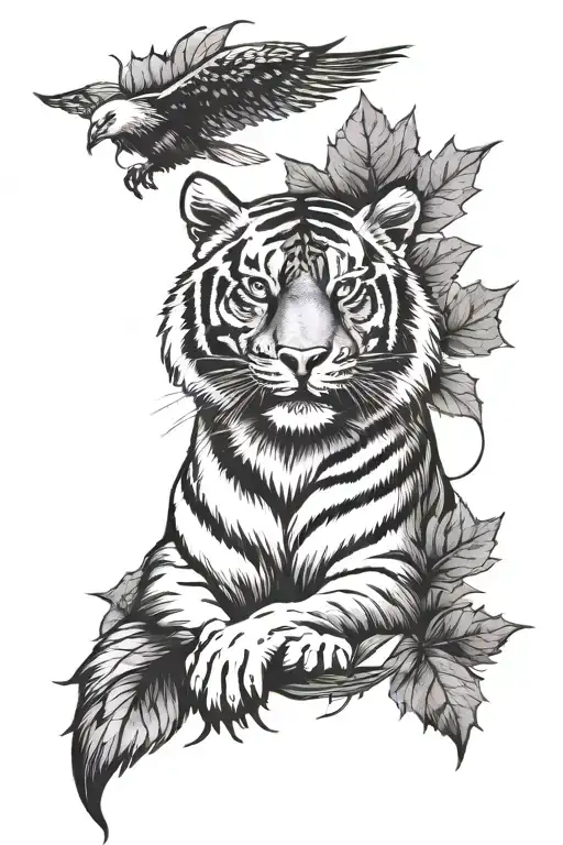 tiger with blue eyes, maple leaf, eagle soaring tattoo design idea