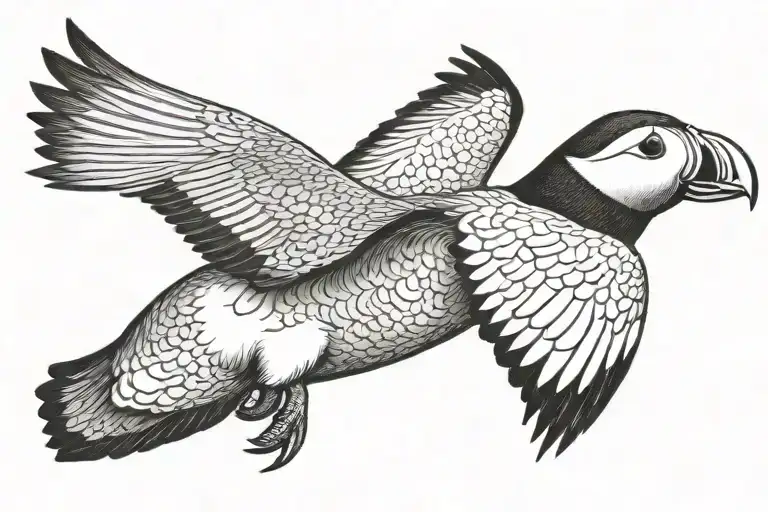flying puffin in black and white tattoo design idea
