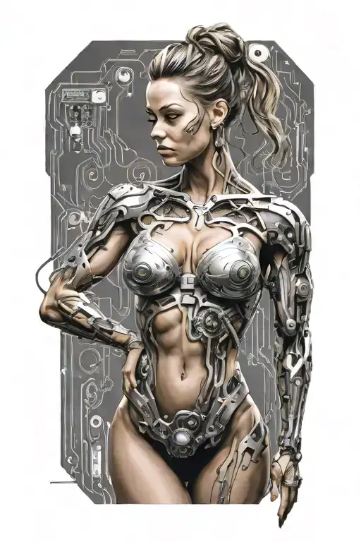 bodybuilder muscular women with technology circuits vectors merging tattoo design idea
