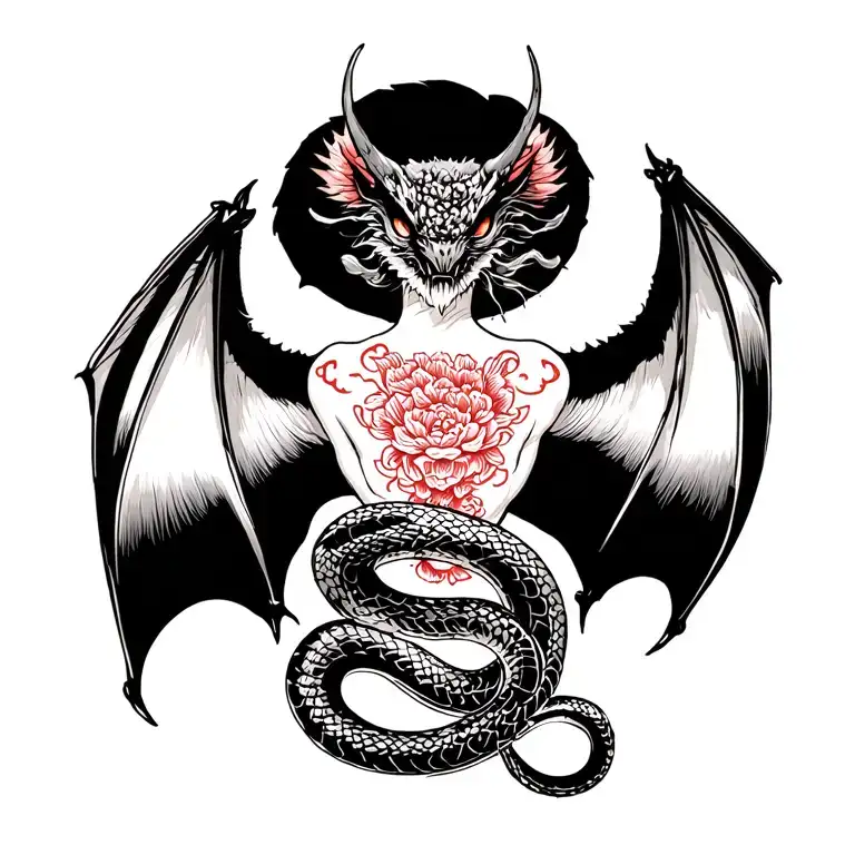 tattoo on the back of a bat, the wings end on the shoulder blades and under him a snake tattoo design idea