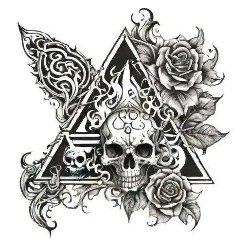 The number 666 above which there is fire, skulls in the fire, a triangle below the number, flowers in the triangle tattoo design idea