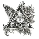 The number 666 above which there is fire, skulls in the fire, a triangle below the number, flowers in the triangle tattoo design idea