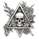 The number 666 above which there is fire, skulls in the fire, a triangle below the number, flowers in the triangle tattoo design idea